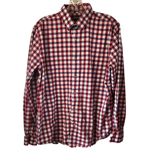 Express Long Sleeve Button Down Red White Blue Shirt Modern Fit Size Large - Picture 1 of 4